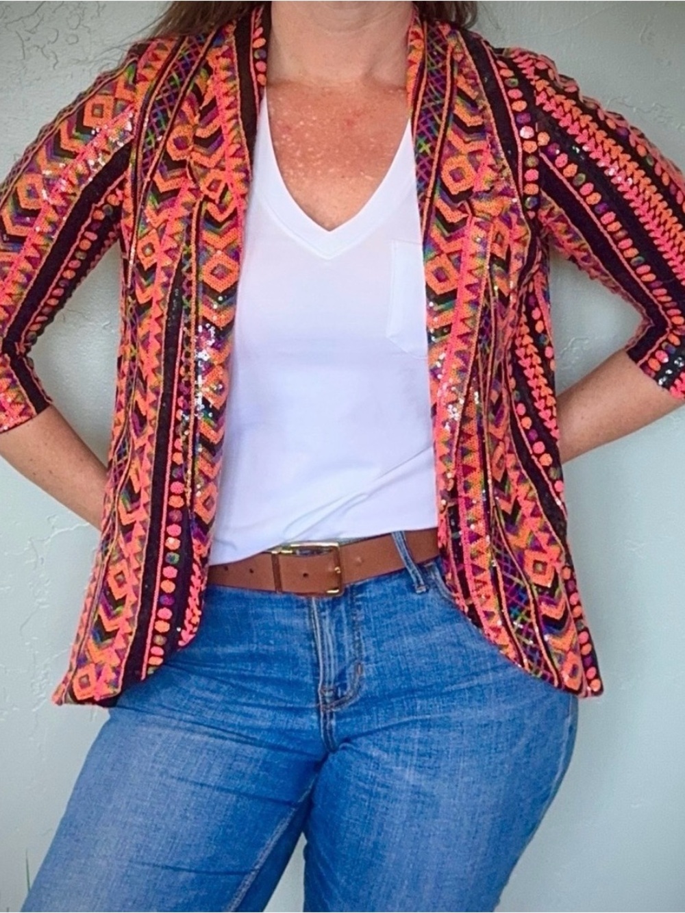 Embroidered Open-Front Women's Blazer in Coral & Black